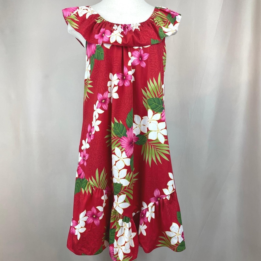 Vintage Midi Hawaiian Floral Dress Womens (L) USA‎ Tropical Resort Red Ruffle